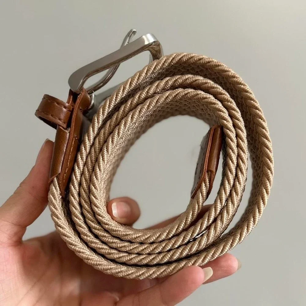 Brown leather and beige knit belt